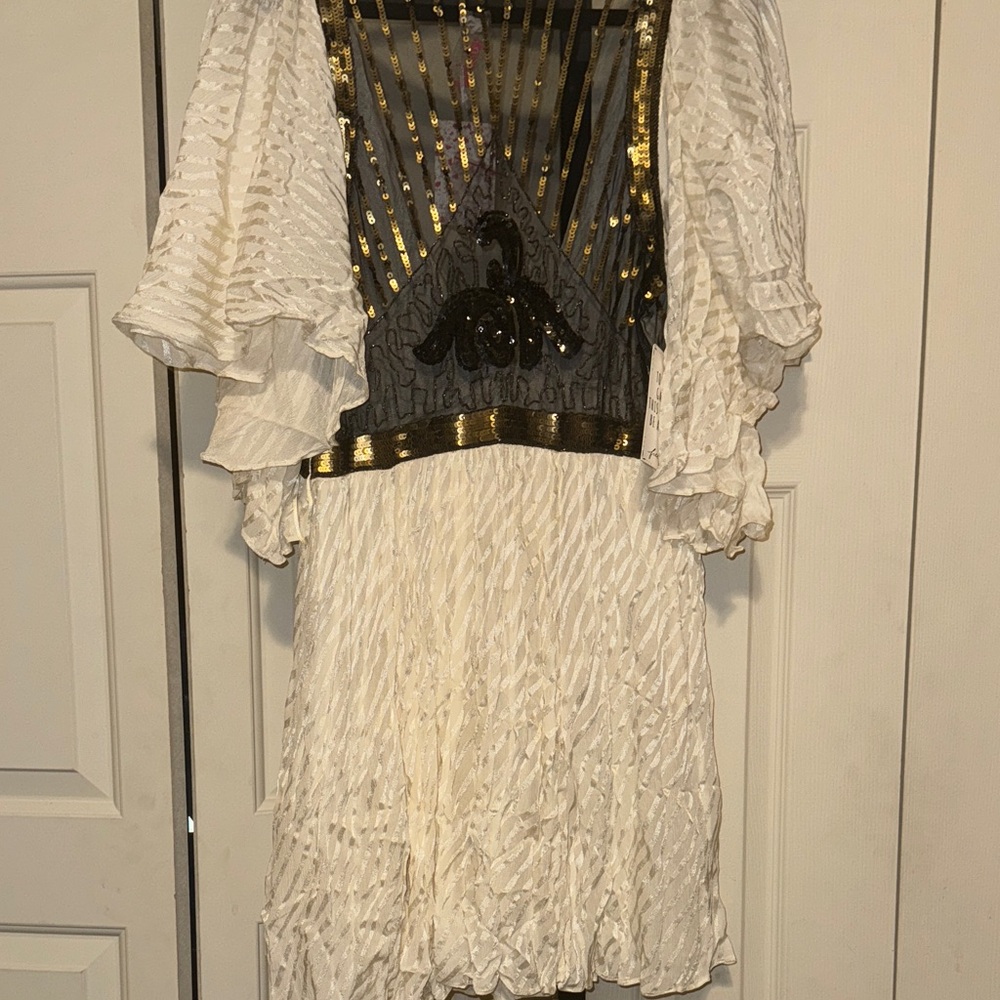 Free People White and Gold Mini Dress with Black Sheer Detail - Picture 6 of 6